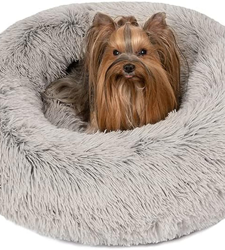 Donut Dog Bed Faux Fur Fluffy Calming Sofa for Small Dogs, Soft & Plush anti Anxiety Pet Couch for Dogs, Machine Washable Coco Pet Bed with Non-Slip Bottom, 23"X23"X6" Grey