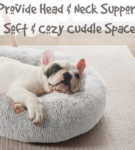Donut Dog Bed Faux Fur Fluffy Calming Sofa for Small Dogs, Soft & Plush anti Anxiety Pet Couch for Dogs, Machine Washable Coco Pet Bed with Non-Slip Bottom, 23"X23"X6" Grey