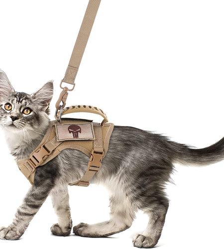 Tactical Cat Harness and Leash Set for Walking Escape Proof, Adjustable Large Cat Vest Harness with Molle Patches, Soft Mesh Padding, Rubber Handle Easy to Control